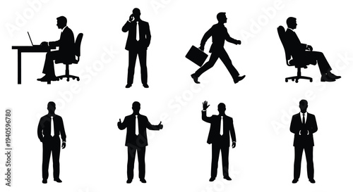 A collection of black silhouettes depicting various business professionals in different postures and actions illustrating workplace scenarios high quality