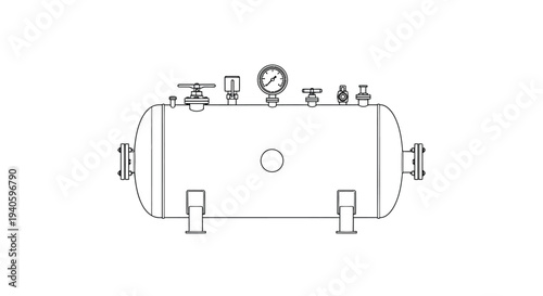 A detailed line drawing depicts a cylindrical pressure tank with various valves a gauge and supporting feet high quality