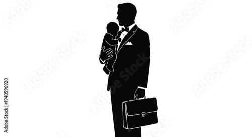 A silhouette depicts a formally dressed father tenderly holding his baby symbolizing love responsibility and a balanced lifestyle