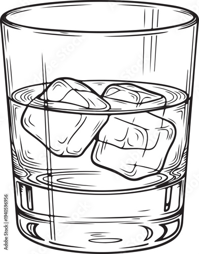 A simple line drawing of a glass with ice cubes