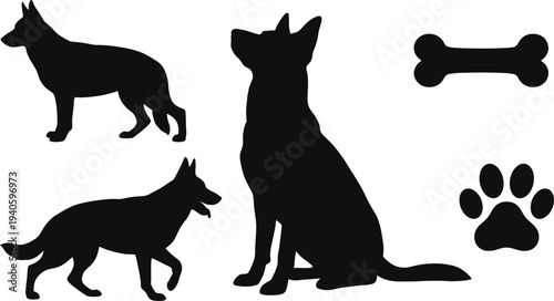 German Shepherd Silhouette Vector Set, Featuring Sitting, Standing, and Walking Poses with Bone and Paw Print Icons, Isolated