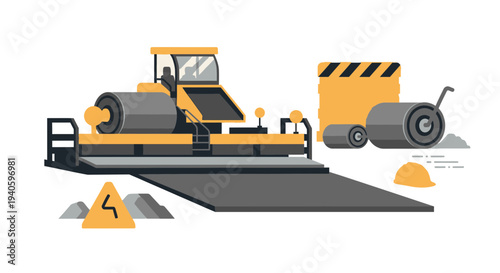Road Roller Compacting Asphalt on Construction Site Infrastructure Work
