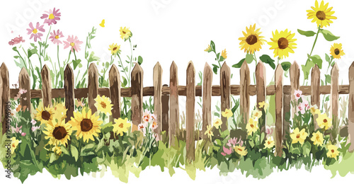 Wooden fence with flowers in a sunny garden meadow