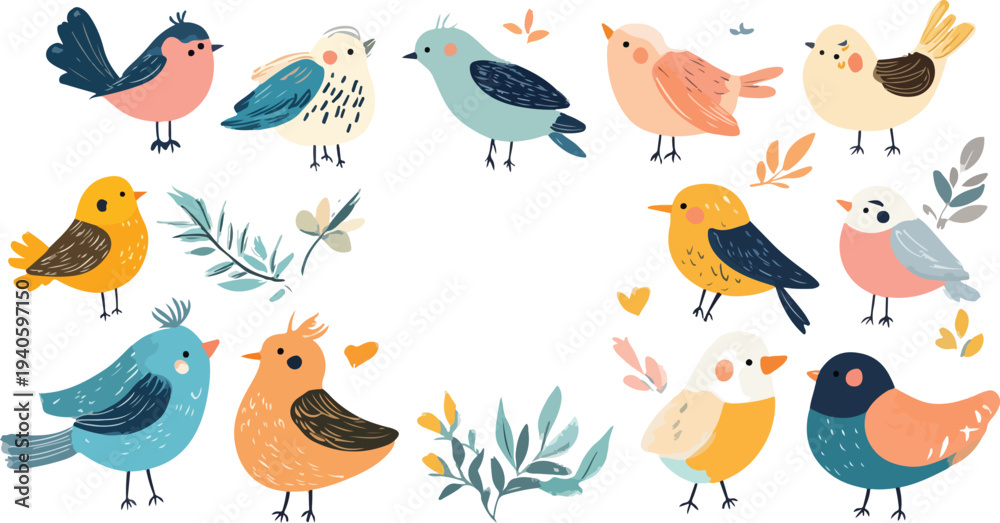 Fototapeta premium Cute cartoon birds and flowers seamless spring nature pattern vector illustration