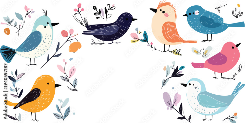 Fototapeta premium Cute colorful birds and flowers illustration on a branch in spring nature style