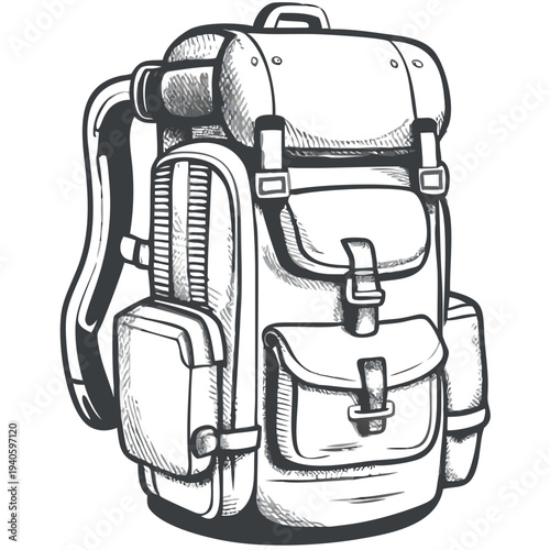 Backpack design illustration, monochrome style, camping gear, adventure equipment
