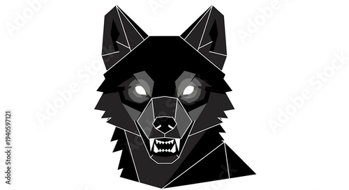 Striking Geometric Black Wolf Head Illustration with Piercing Glowing Eyes and Aggressive Expression