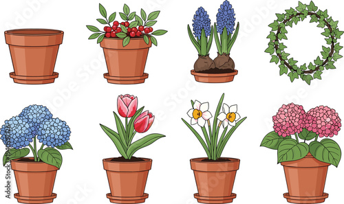 Potted flowers and plants collection hydrangea tulips hyacinth narcissus decorative garden plants vector illustration