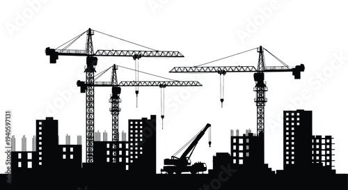 A striking black silhouette depicts a bustling construction site with towering cranes buildings and ongoing development high quality professional