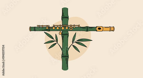 Crossed bamboo flutes and bamboo stalks, representing peace and tranquility