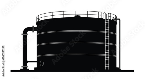 A stark silhouette depicts a large cylindrical industrial storage tank with a ladder and connecting pipes high quality professional