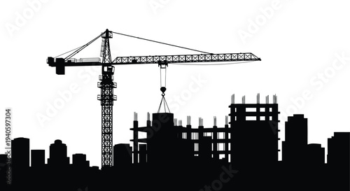 A stark silhouette of a towering crane dominates the skyline above a construction site and city buildings high quality