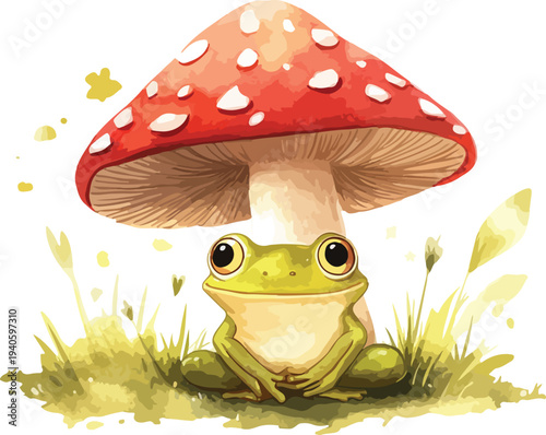 Frog Sitting on Grass with Red Mushrooms in a Cartoon Forest