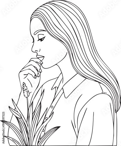 Woman in profile with plant and flower drawing illustration
