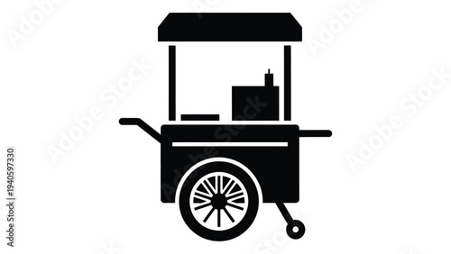 A black silhouette of a food cart with a wheel and canopy