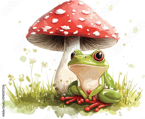 Frog sitting on grass near colorful mushrooms in a cartoon forest scene