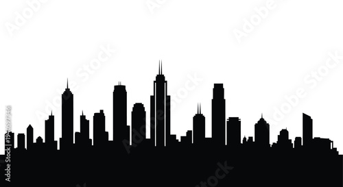 A striking black silhouette depicts a dense urban skyline showcasing numerous skyscrapers and buildings against a bright white backdrop