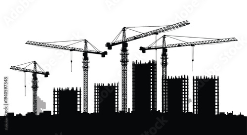 A striking black and white silhouette depicts multiple construction cranes towering over a cityscape under development high quality professional