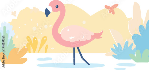 Pink Flamingo Standing in Water Cute Wildlife Illustration