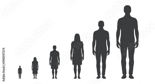 A series of gradually increasing human silhouettes depicts growth scale and the concept of perspective in a minimalist style