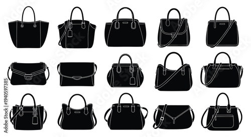 A collection of fifteen black silhouette handbags displayed in a grid showcasing various styles and designs high quality professional