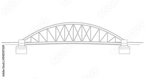 A simple black and white line drawing depicts an arched truss bridge with supporting pillars on either side