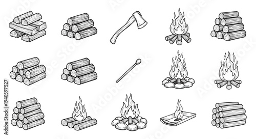 Woodland Survival and Campfire Line Art Collection: Firewood, Axe, and Outdoor Flame Icons