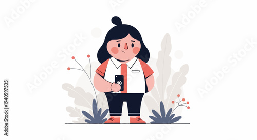 A cartoon figure with dark hair in a bun, red cheeks, holding a smartphone amidst stylized plants