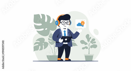 Person with headphones and tablet in a leafy setting, gesturing towards a cloud and lightbulb icon