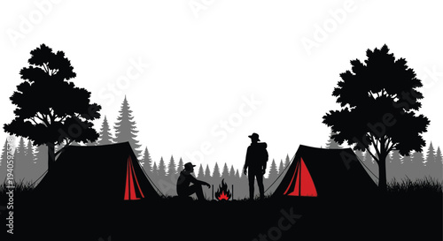 A striking silhouette depicts a peaceful camping scene with two individuals by a campfire set against a mountain backdrop