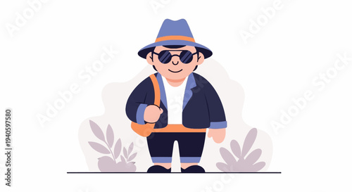 Cartoon person with hat, sunglasses, jacket, and satchel