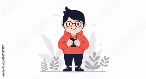 Cheerful child in red hoodie and glasses looks at smartphone amidst stylized plants