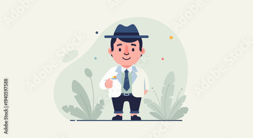 Cartoon doctor in a white coat and blue hat with pills