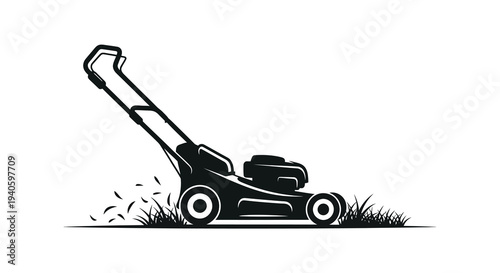 A stylized black silhouette depicts a gasoline powered push lawn mower cutting grass on a bright white background