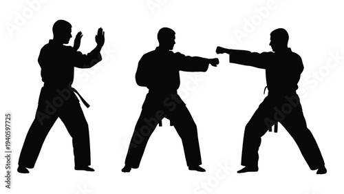 Three black silhouettes of men practicing karate