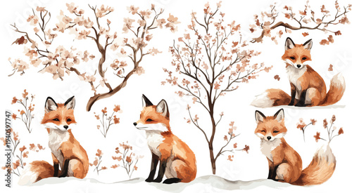 Red fox cartoon illustration in forest with cute fur and white background