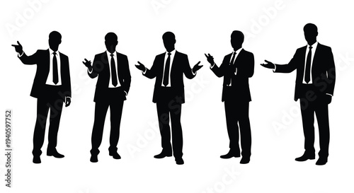A series of silhouetted businessmen in suits are depicted with open hand gestures suggesting presentation or discussion high quality