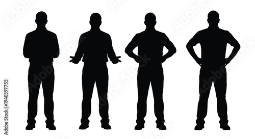 Four male silhouettes stand in a row each exhibiting a different pose with arms positioned uniquely high quality professional