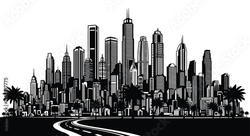 A striking black and white illustration depicts a dense urban cityscape with towering skyscrapers and a winding road in the foreground