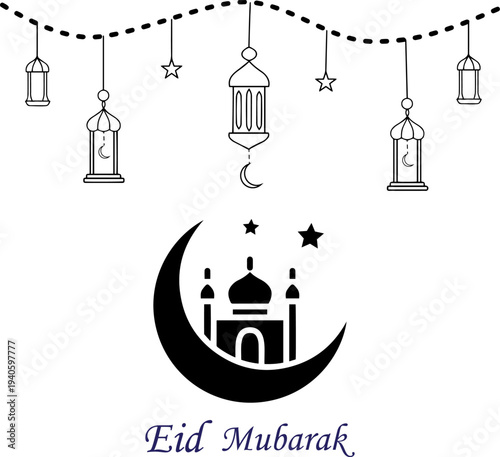 Simple Ramadan Kareem Greeting Card Design featuring Hanging Stars and Lanterns