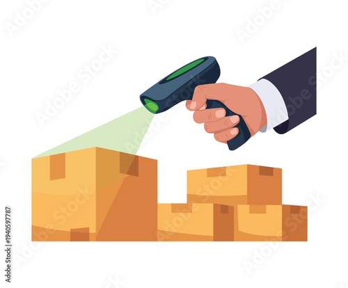 Hand holding barcode scanner scanning boxes packages.