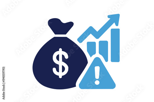 Financial growth with risk warning symbol and money bag icon finance investment profit loss.Resizable and Editable. EPS, 10.