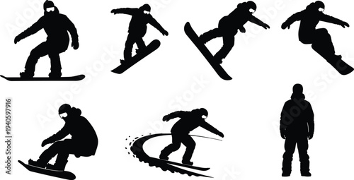 Collection of diverse happy children characters silhouettes of snowboarders botanical flowers and animals cad drawing flat vector illustration set bundle