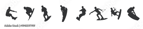 Set of kitesurfing and wakeboarding athlete silhouettes performing dynamic tricks, water sports action poses, Dynamic silhouettes of athletes engaging in extreme water and snow, vector illustration.