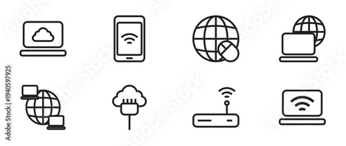 network and internet symbols Outline linear icon set. Communication and office outline icon set. Contact methods, messaging, and schedule symbols, vector illustration.