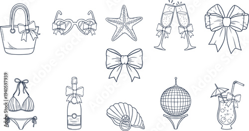 Hand drawn summer beach icons set with coquette bows beach bag sunglasses champagne starfish bikini and cocktail cad drawing flat vector illustration