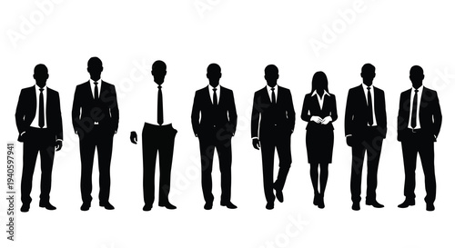 A group of nine business professionals are depicted in silhouette all wearing suits and conveying a sense of corporate unity