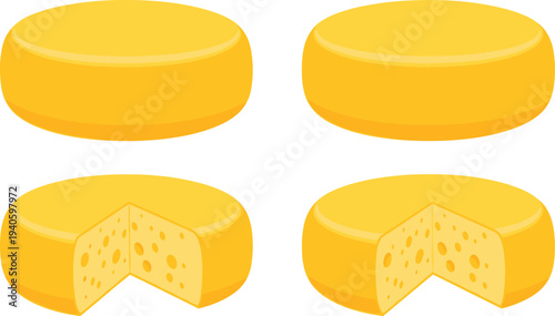 Cheese wheel set whole and sliced cheese dairy food vector illustration