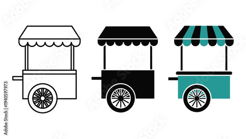 A set of three food carts in different colors