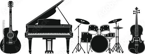 Set of diverse happy children characters stick figure doodles birthday elements and musical instrument silhouettes cad drawing flat vector illustration